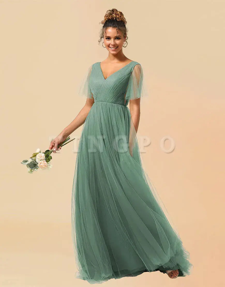 Wholesale A-Line V-Neck Floor Length Tulle Bridesmaid Dress Bridesmaid dress shop