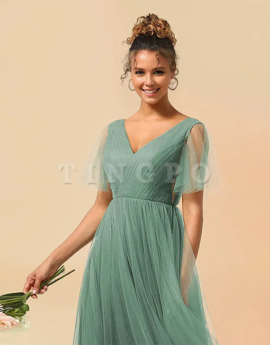 Wholesale A-Line V-Neck Floor Length Tulle Bridesmaid Dress Bridesmaid dress shop