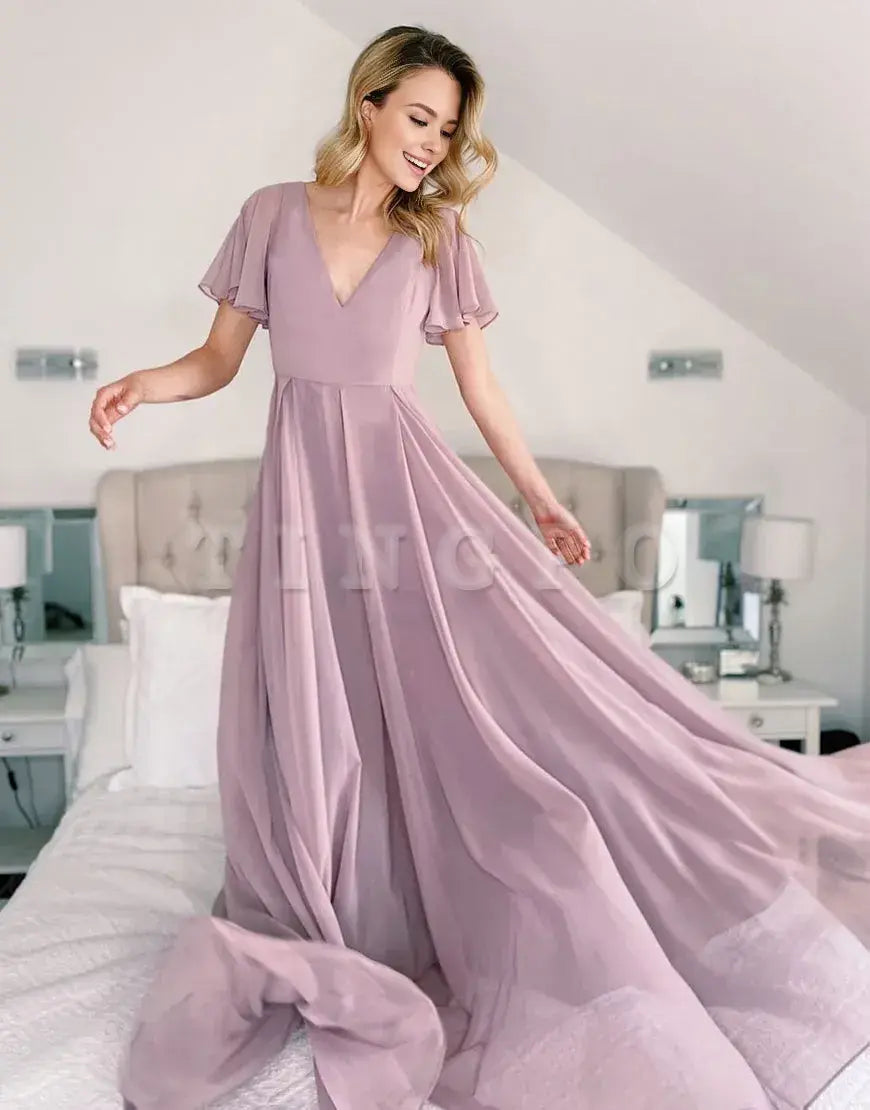 Wholesale A-Line V Neck Chiffon Short Sleeves Bridesmaid Dress Bridesmaid dress shop