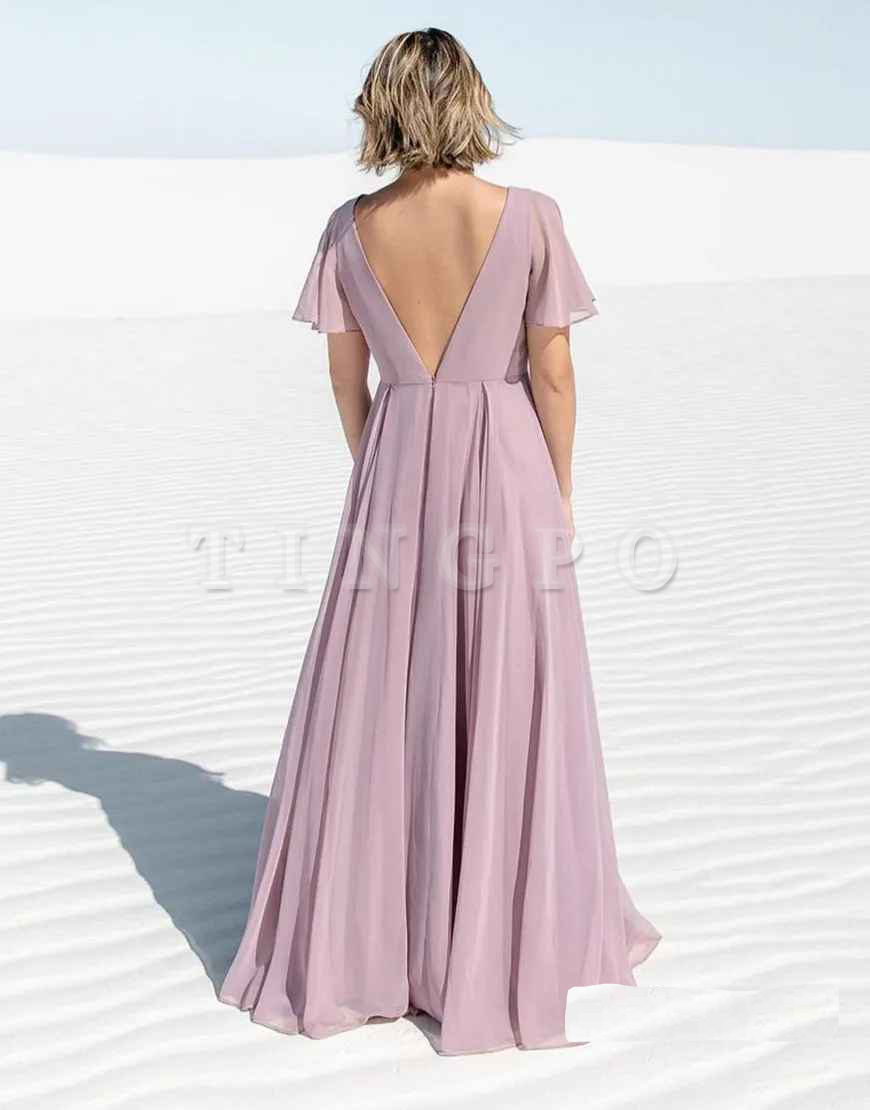 Wholesale A-Line V Neck Chiffon Short Sleeves Bridesmaid Dress Bridesmaid dress shop