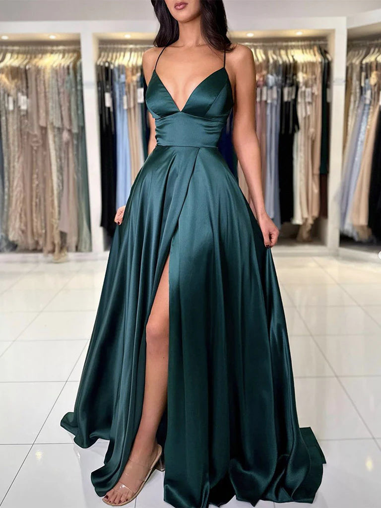 Wholesale A-Line V Neck Dark Green Satin Long Prom Dress Dark Green Evening Dress gowns evening dresses