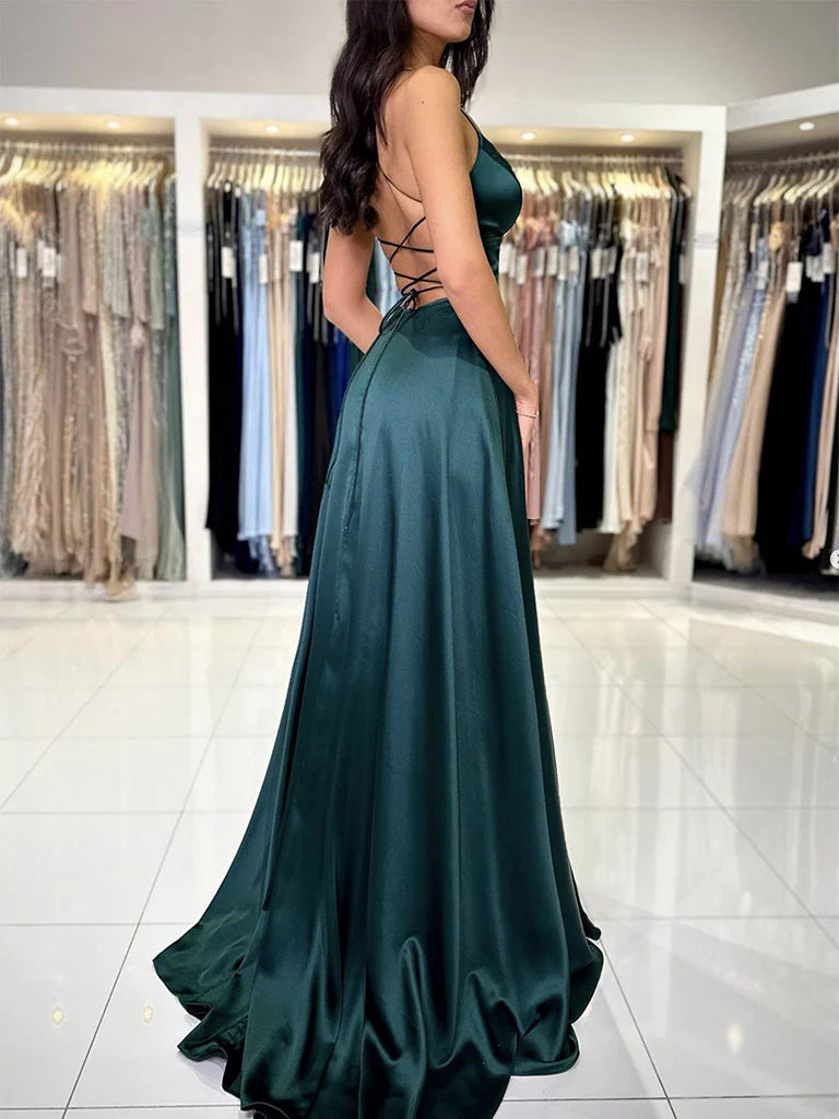 Wholesale A-Line V Neck Dark Green Satin Long Prom Dress Dark Green Evening Dress gowns evening dresses