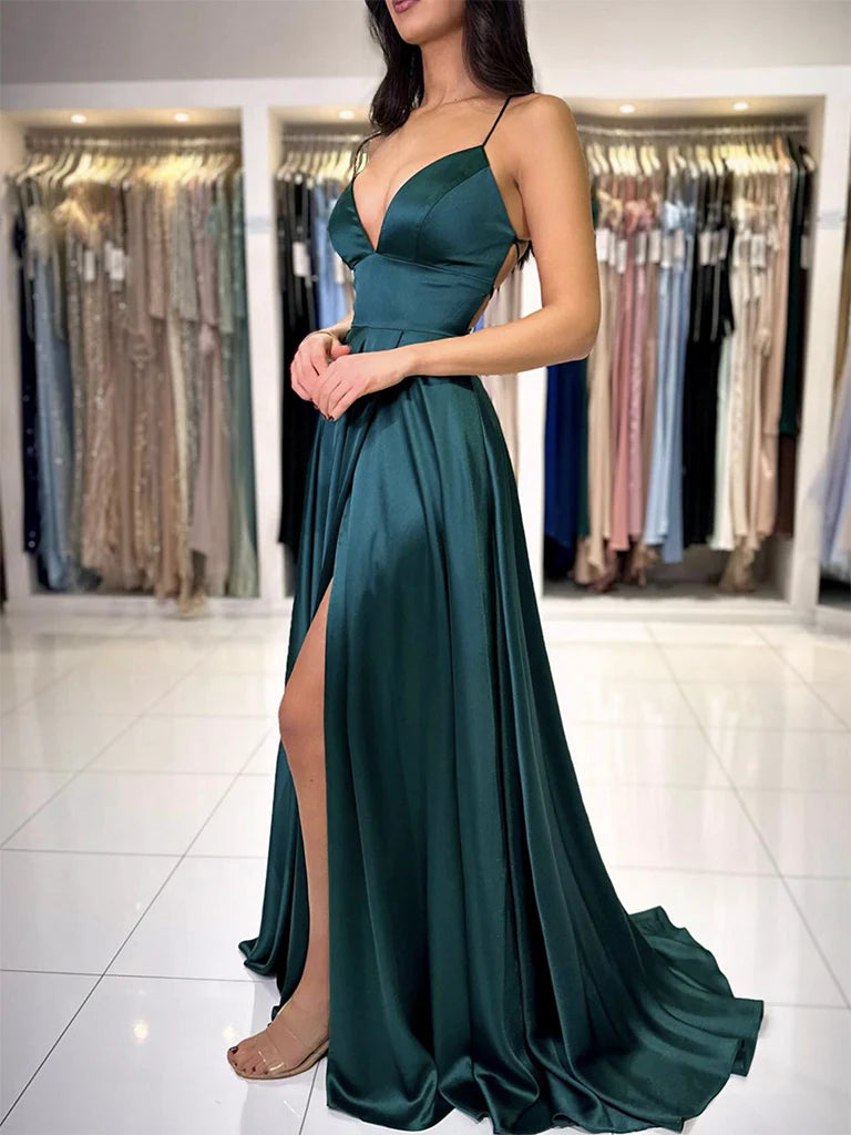 Wholesale A-Line V Neck Dark Green Satin Long Prom Dress Dark Green Evening Dress gowns evening dresses