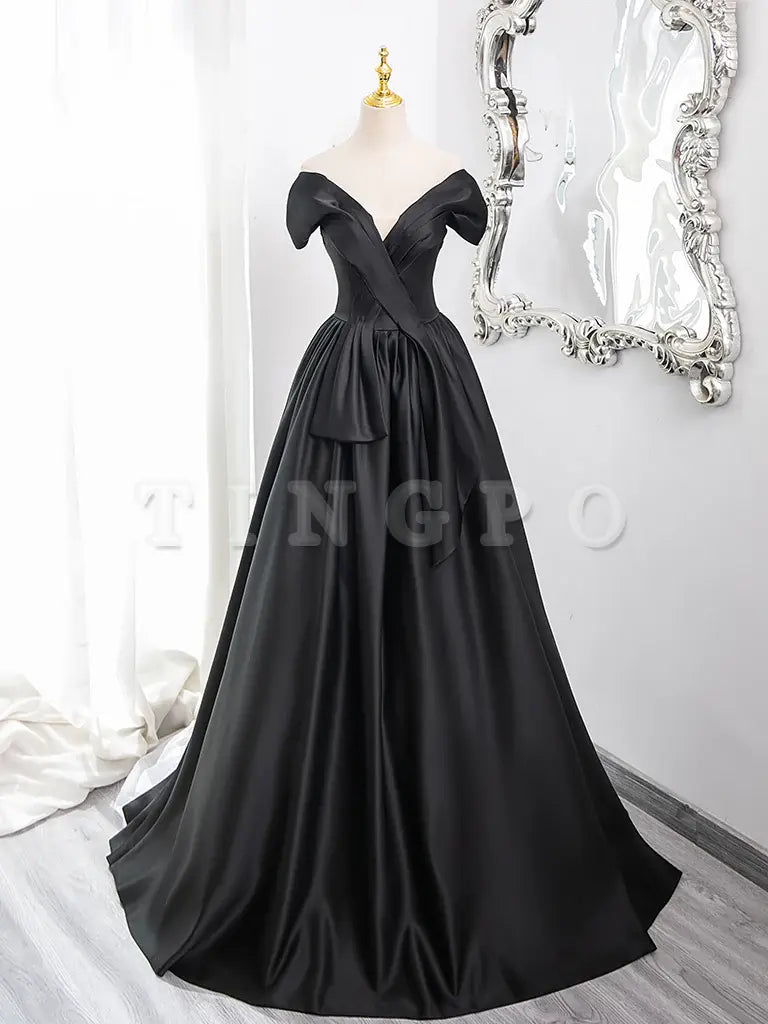 Wholesale A-Line V Neck Off Shoulder Satin Black Long Prom Dress Black Long Formal Dress gowns evening dresses ﻿