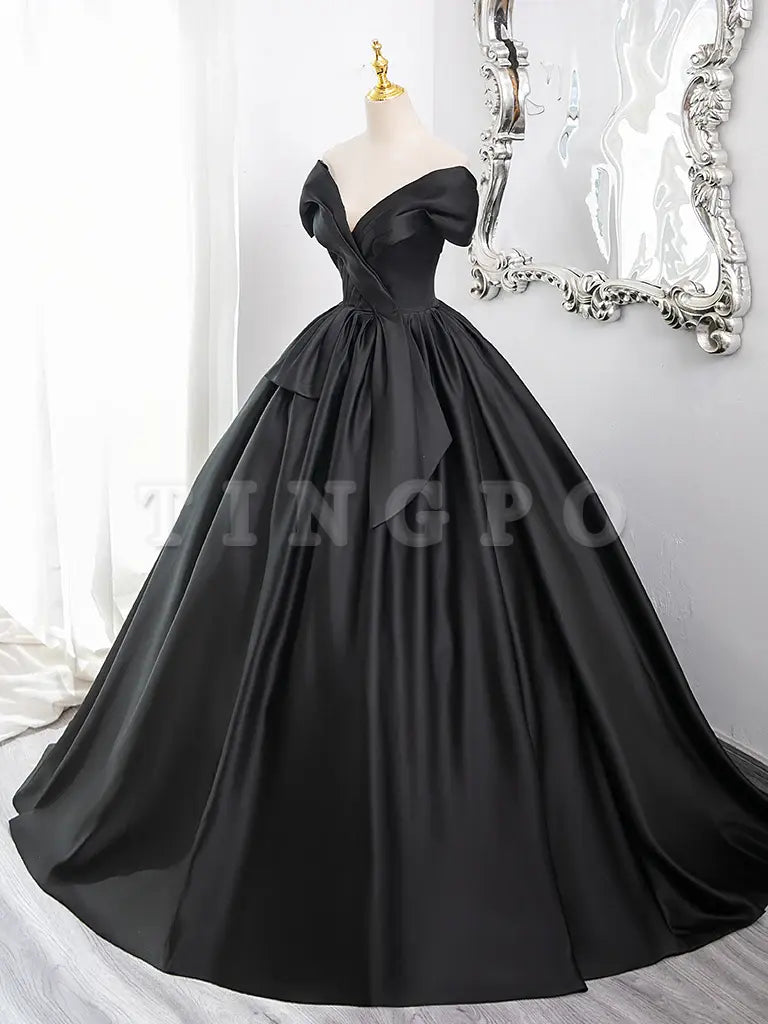 Wholesale A-Line V Neck Off Shoulder Satin Black Long Prom Dress Black Long Formal Dress gowns evening dresses ﻿