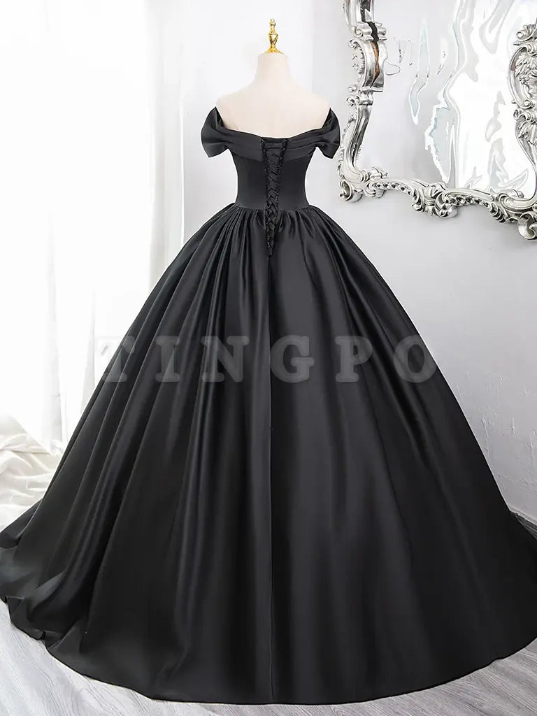 Wholesale A-Line V Neck Off Shoulder Satin Black Long Prom Dress Black Long Formal Dress gowns evening dresses ﻿
