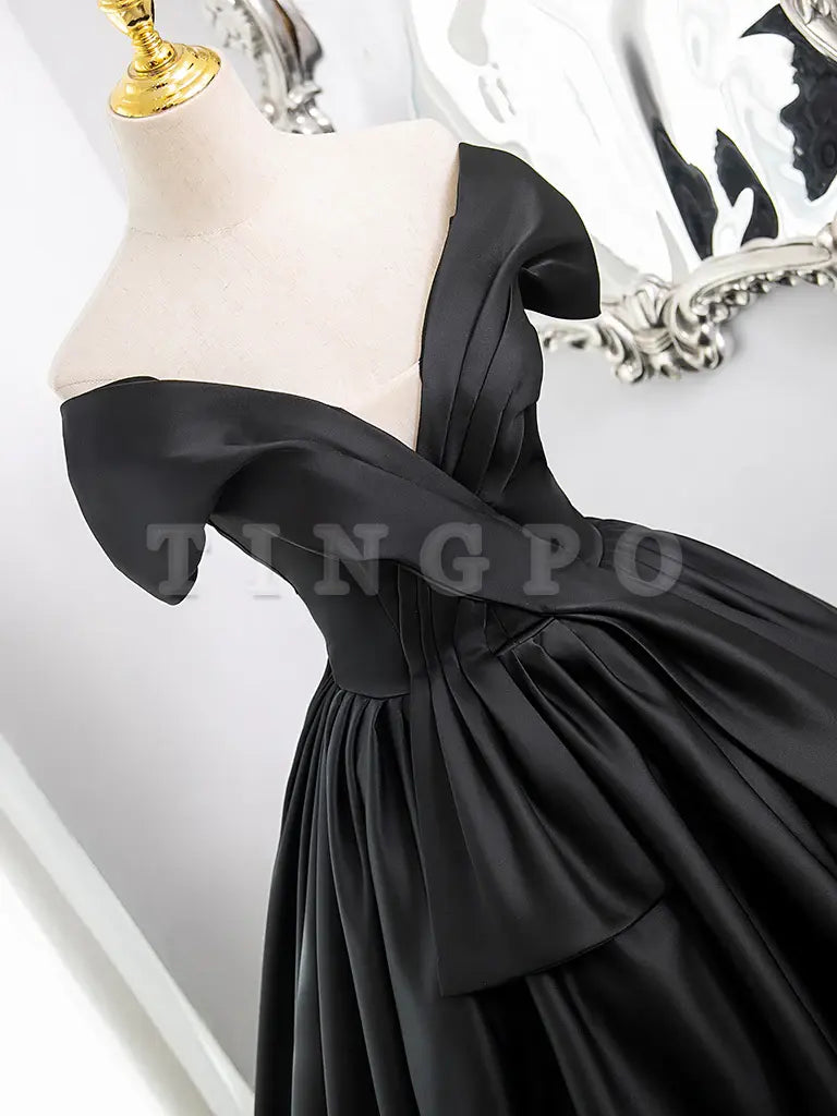 Wholesale A-Line V Neck Off Shoulder Satin Black Long Prom Dress Black Long Formal Dress gowns evening dresses ﻿