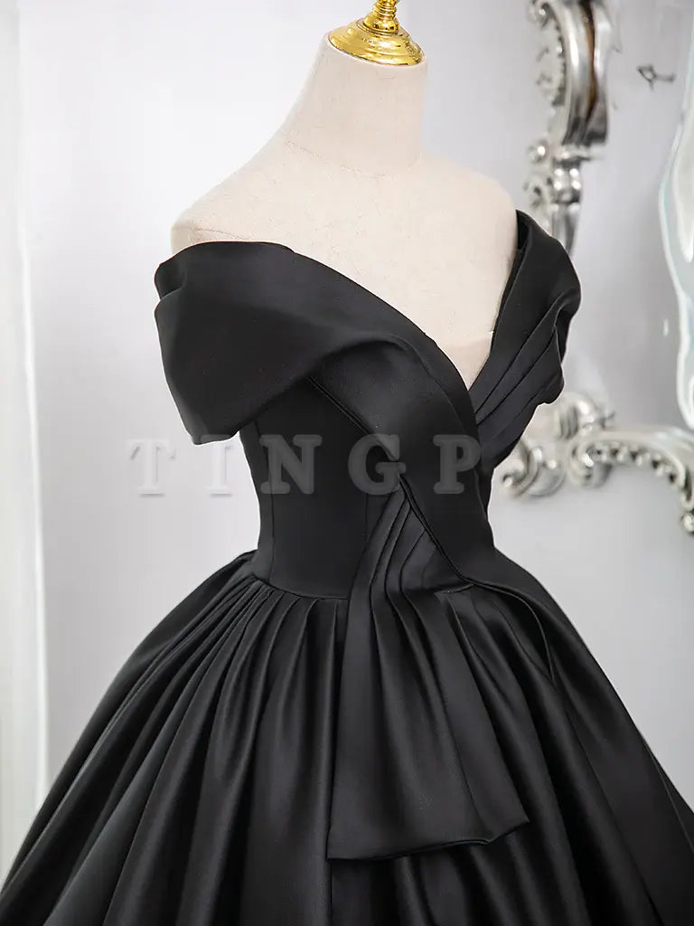 Wholesale A-Line V Neck Off Shoulder Satin Black Long Prom Dress Black Long Formal Dress gowns evening dresses ﻿