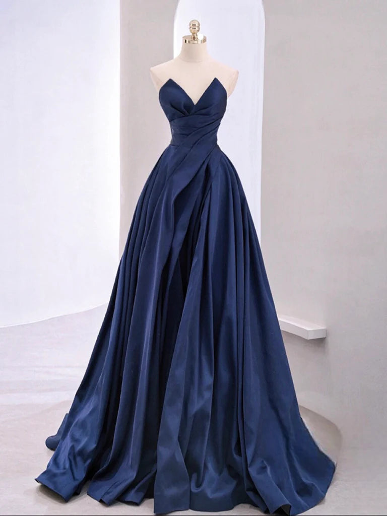 Wholesale A-Line V Neck Satin Dark Blue Long Prom Dress Dark Blue Long Evening Dress gowns evening dresses