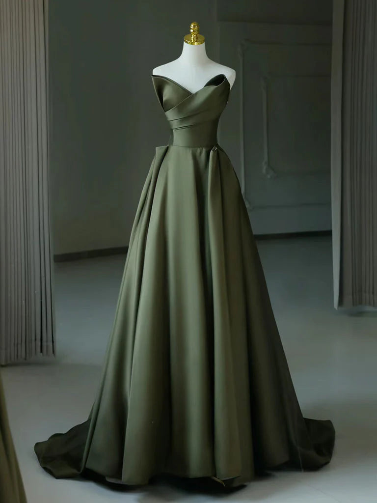 Wholesale A-Line V Neck Satin Green Long Prom Dress Green Long Formal Dress gowns evening dresses