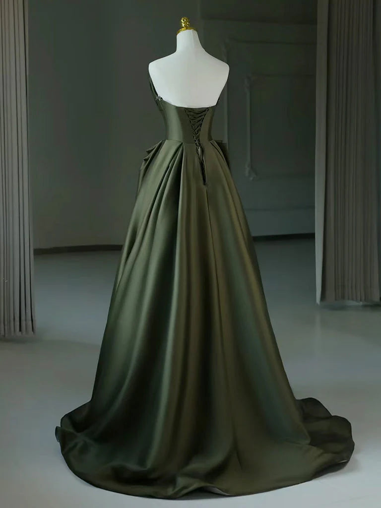 Wholesale A-Line V Neck Satin Green Long Prom Dress Green Long Formal Dress gowns evening dresses