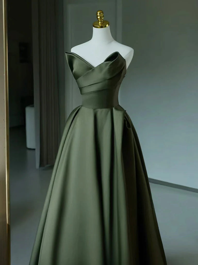 Wholesale A-Line V Neck Satin Green Long Prom Dress Green Long Formal Dress gowns evening dresses