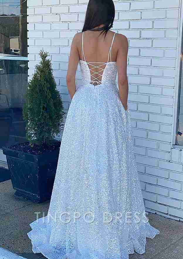 TingPo Wholesale A-line Bateau Sleeveless Sequined Long/Floor-Length Prom Dress With Beading Pockets