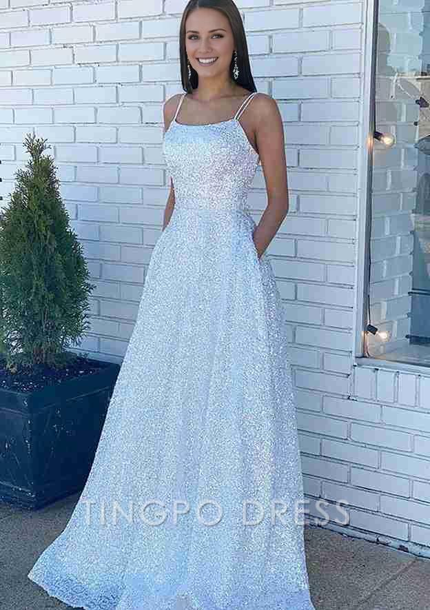 TingPo Wholesale A-line Bateau Sleeveless Sequined Long/Floor-Length Prom Dress With Beading Pockets