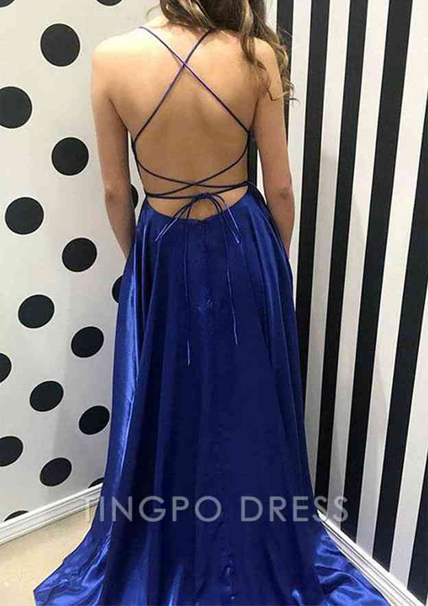 TingPo Wholesale A-line Bateau Spaghetti Straps Sweep Train Charmeuse Prom Dress With Split