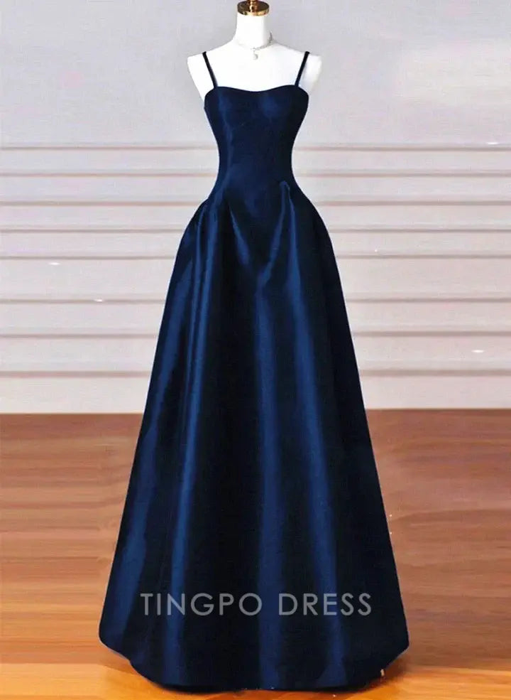TingPo Wholesale A-line Navy Blue Satin Straps Long Formal Dress Navy Blue Prom Dress