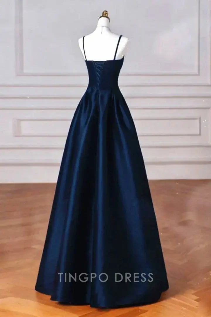 TingPo Wholesale A-line Navy Blue Satin Straps Long Formal Dress Navy Blue Prom Dress