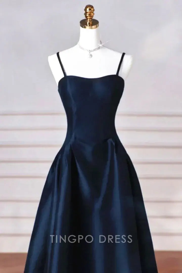 TingPo Wholesale A-line Navy Blue Satin Straps Long Formal Dress Navy Blue Prom Dress