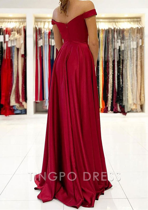 TingPo Wholesale A-line Off-the-Shoulder Long/Floor-Length Satin Prom Dress With Split