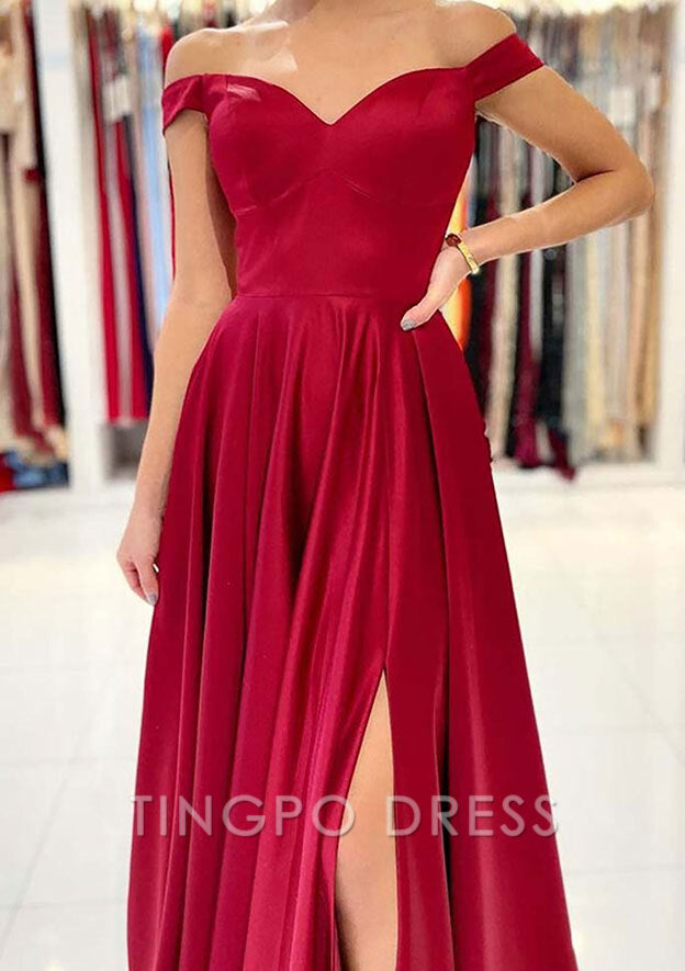 TingPo Wholesale A-line Off-the-Shoulder Long/Floor-Length Satin Prom Dress With Split