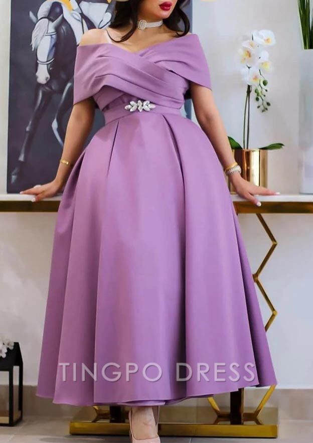 TingPo Wholesale A-line Off-the-Shoulder Short Sleeve Ankle-Length Satin Homecoming Dress with Pleated Waistband