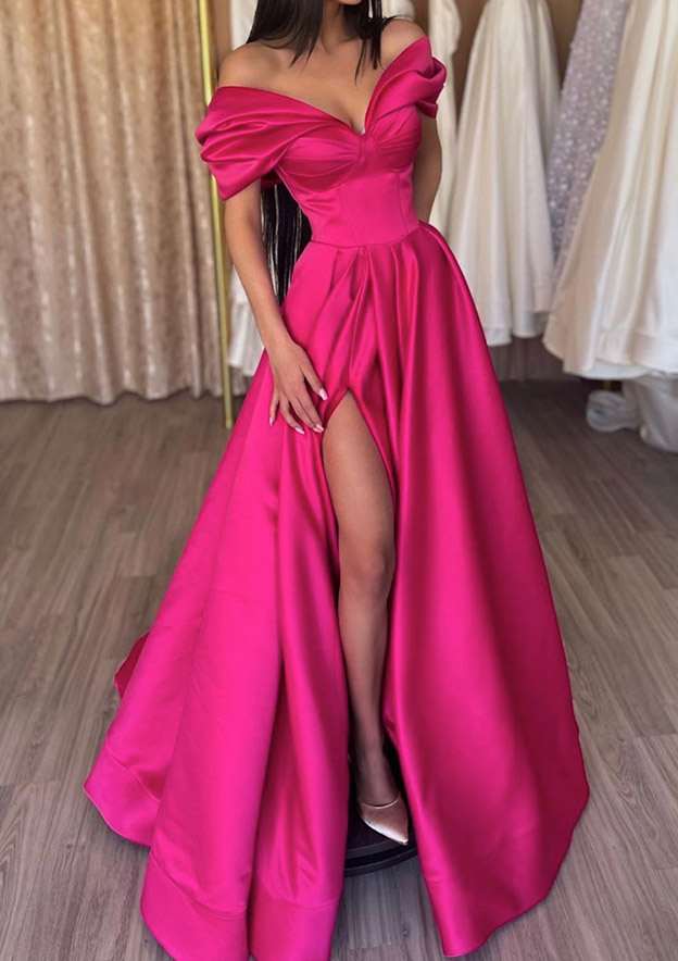 TingPo Wholesale A-line Off-the-Shoulder Short Sleeve Satin Long/Floor-Length Prom Dress With Ruffles Split
