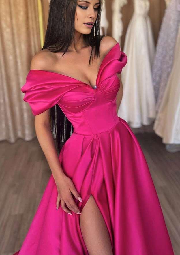 TingPo Wholesale A-line Off-the-Shoulder Short Sleeve Satin Long/Floor-Length Prom Dress With Ruffles Split