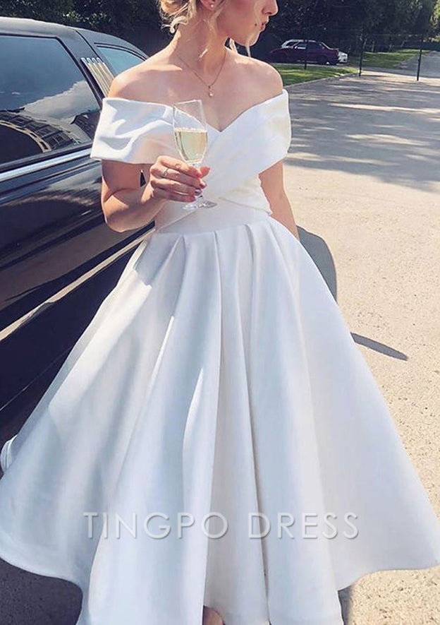 TingPo Wholesale A-line Off-the-Shoulder Short Sleeve Satin Tea-Length Homecoming Dress With Pleated Ruffles