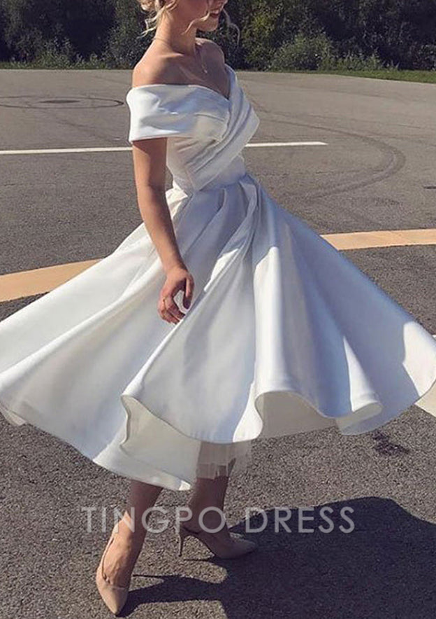 TingPo Wholesale A-line Off-the-Shoulder Short Sleeve Satin Tea-Length Homecoming Dress With Pleated Ruffles