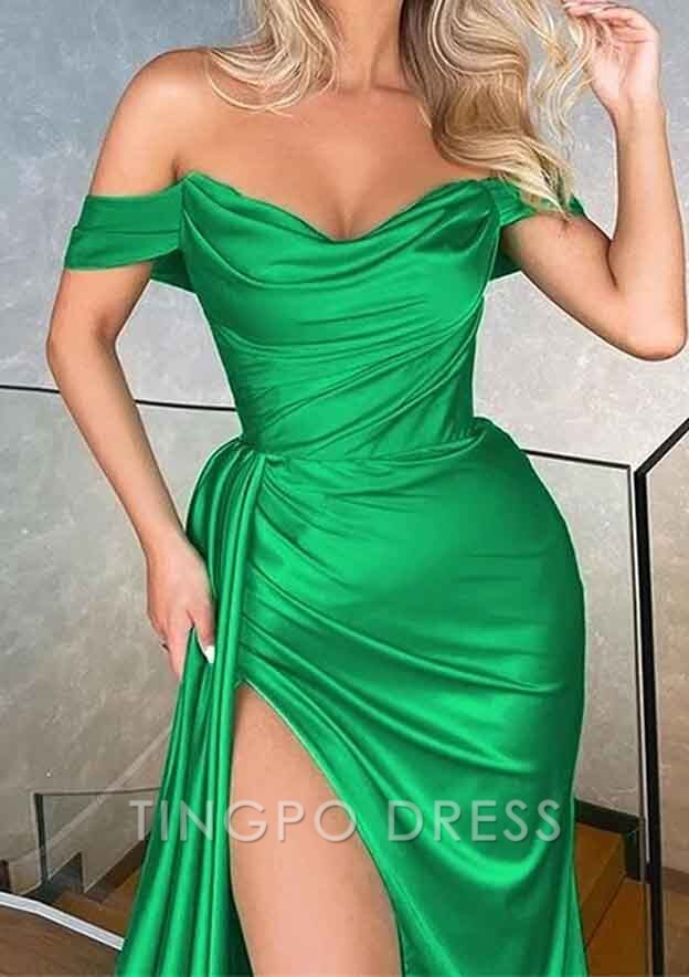 TingPo Wholesale A-line Off-the-Shoulder Sleeveless Long/Floor-Length Charmeuse Prom Dress With Pleated