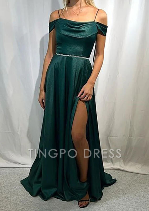 TingPo Wholesale A-line Off-the-Shoulder Sleeveless Long/Floor-Length Satin Prom Dress with Pleated Waistband Split