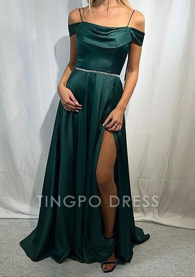 TingPo Wholesale A-line Off-the-Shoulder Sleeveless Long/Floor-Length Satin Prom Dress with Pleated Waistband Split