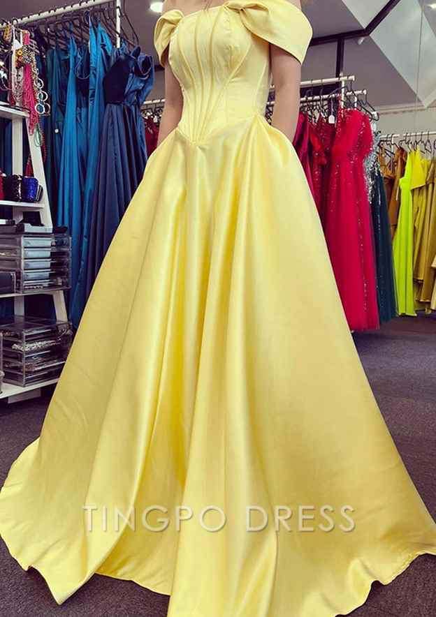TingPo Wholesale A-line Off-the-Shoulder Strapless Long/Floor-Length Satin Prom Dress With Pleated Pockets