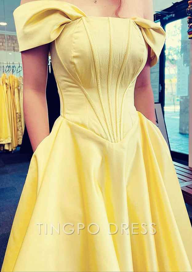TingPo Wholesale A-line Off-the-Shoulder Strapless Long/Floor-Length Satin Prom Dress With Pleated Pockets