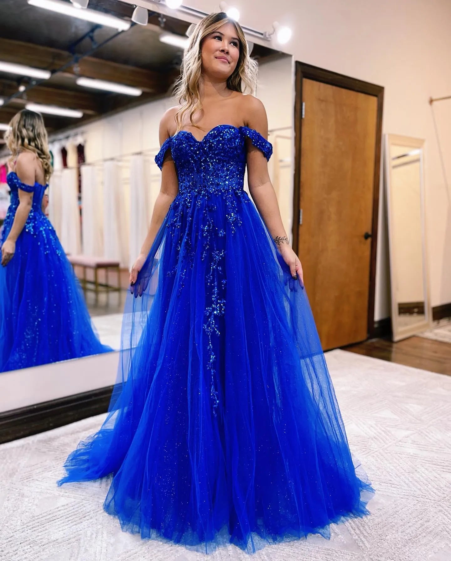 Wholesale A-line Off The Shoulder Prom Dress With Appliques prom dresses with long sleeves