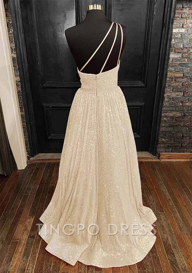 TingPo Wholesale A-line One-Shoulder Sleeveless Long/Floor-Length Sequined Prom Dress With Pockets