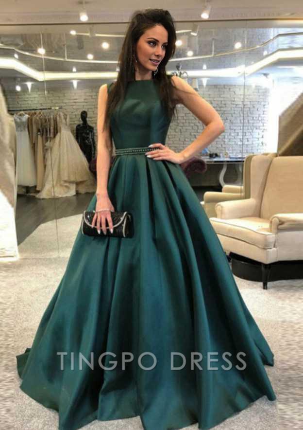 TingPo Wholesale A-line/Princess Bateau Sleeveless Court Train Satin Prom Dress With Beading Waistband