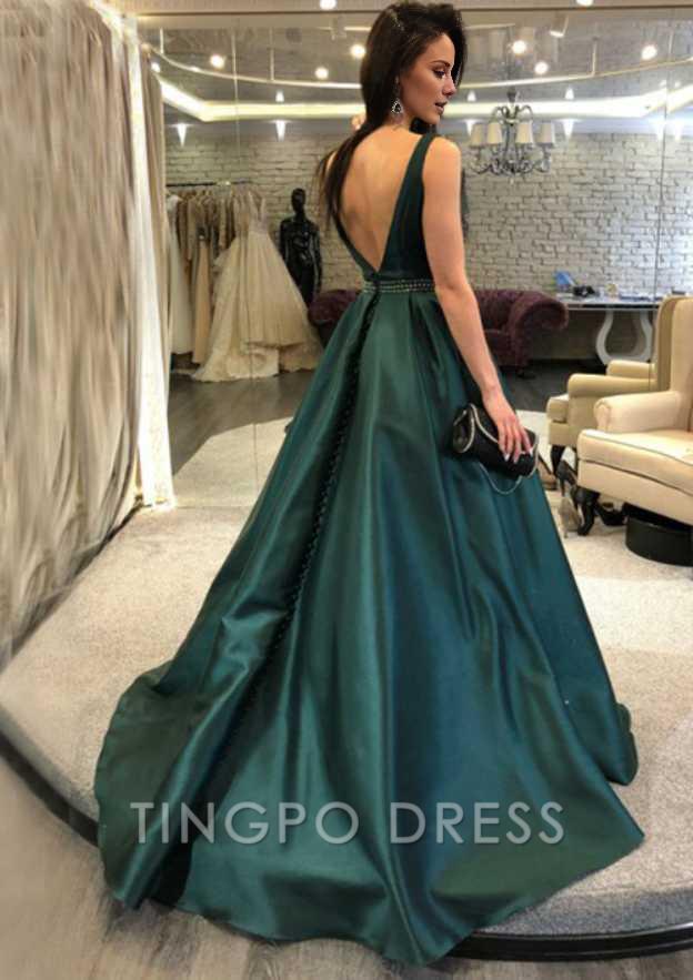 TingPo Wholesale A-line/Princess Bateau Sleeveless Court Train Satin Prom Dress With Beading Waistband