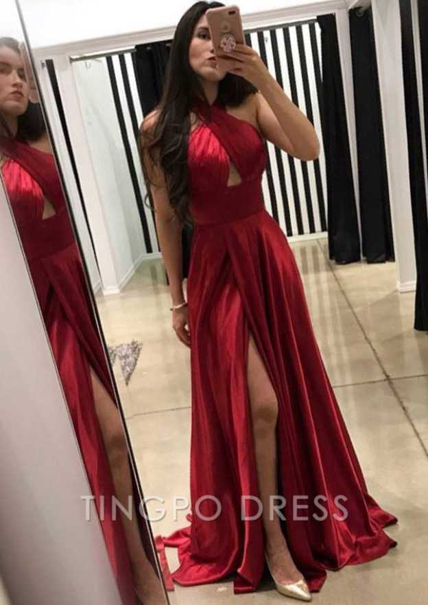 TingPo Wholesale A-line/Princess Halter Sleeveless Sweep Train Charmeuse Prom Dress With Split