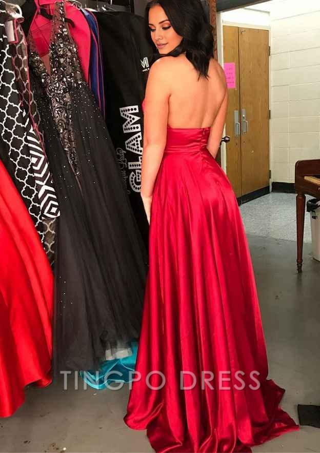 TingPo Wholesale A-line/Princess Halter Sleeveless Sweep Train Charmeuse Prom Dress With Split