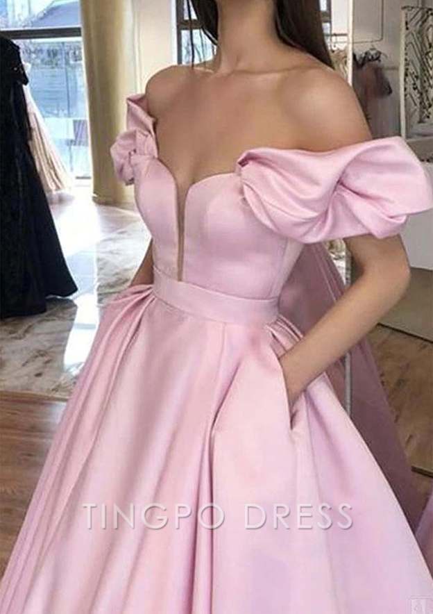 TingPo Wholesale A-line/Princess Off-the-Shoulder Short Sleeve Satin Long/Floor-Length Prom Dress With Pleated Pockets