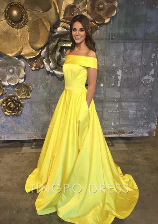TingPo Wholesale A-line/Princess Off-the-Shoulder Sleeveless Sweep Train Satin Prom Dress With Low Back
