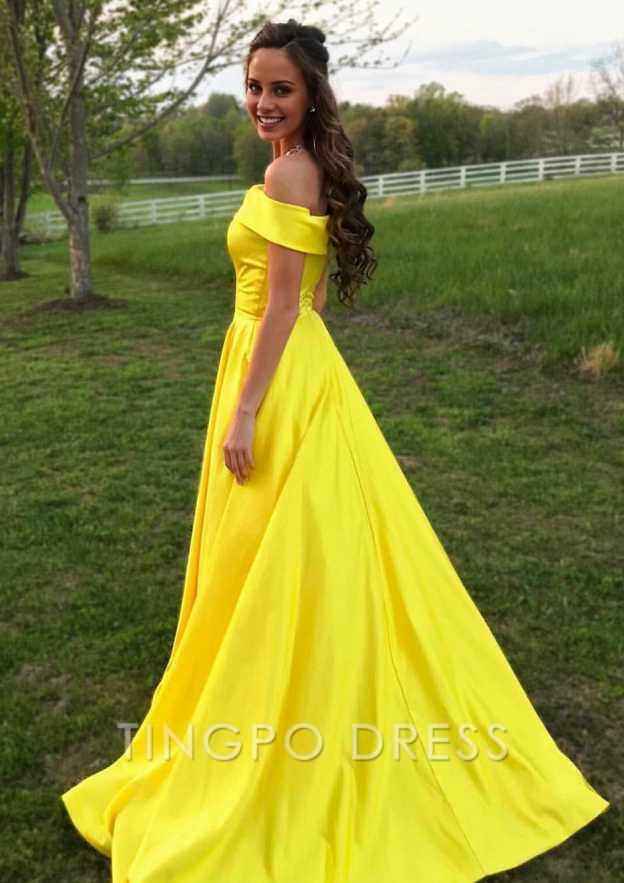 TingPo Wholesale A-line/Princess Off-the-Shoulder Sleeveless Sweep Train Satin Prom Dress With Low Back