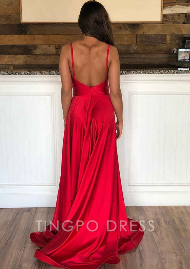 TingPo Wholesale A-line Sleeveless Court Train Satin Prom Dress With Pleated Split