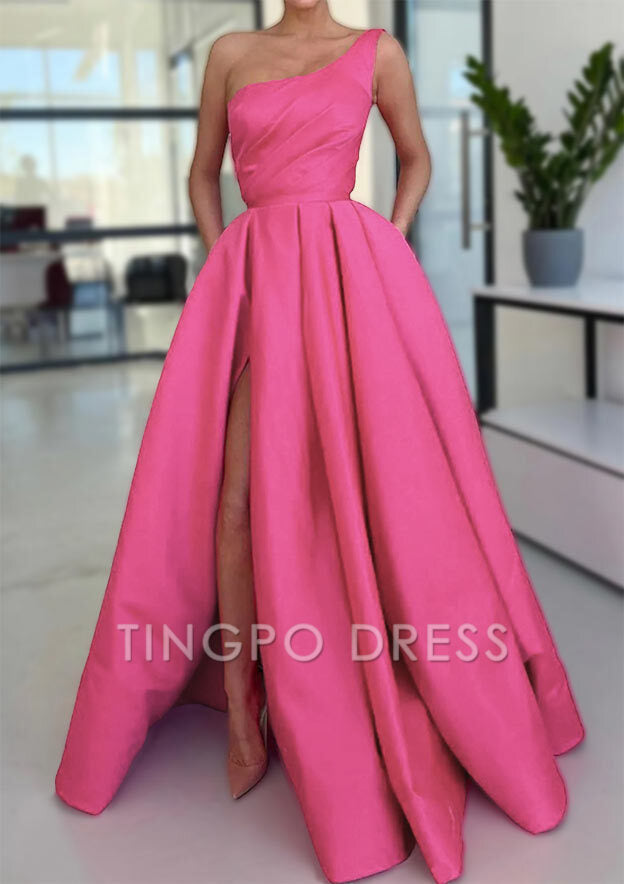 TingPo Wholesale A-line Sleeveless One-Shoulder Long/Floor-Length Satin Prom Dress With Split Ruffles Pockets