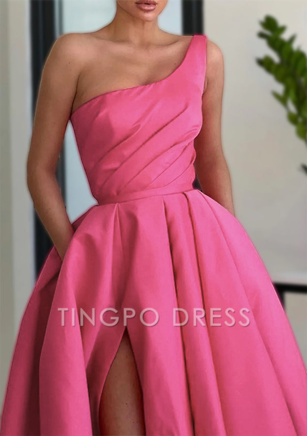 TingPo Wholesale A-line Sleeveless One-Shoulder Long/Floor-Length Satin Prom Dress With Split Ruffles Pockets