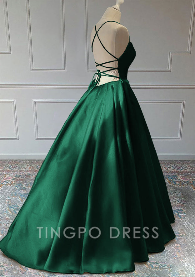 TingPo Wholesale A-line Sleeveless Square Neckline Long/Floor-Length Satin Prom Dress