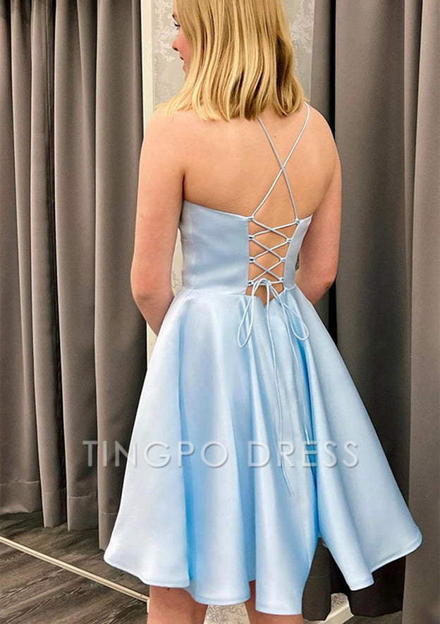 TingPo Wholesale A-line Square Neckline Sleeveless Satin Short/Mini Homecoming Dress