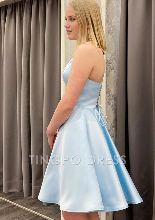 TingPo Wholesale A-line Square Neckline Sleeveless Satin Short/Mini Homecoming Dress