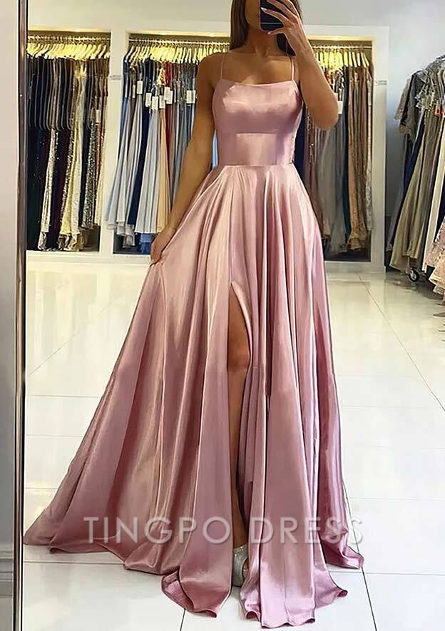 TingPo Wholesale A-line Square Neckline Sleeveless Satin Sweep Train Prom Dress With Pleated